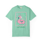 Mint t-shirt with pink flamingo float, "Last Splash" text, Sarah's Bach, Malibu, CA, Summer 2026.