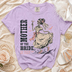 Lavender t-shirt with skeleton bride graphic and text "MOTHER OF THE BRIDE TIL DEATH DO WE PARTY".