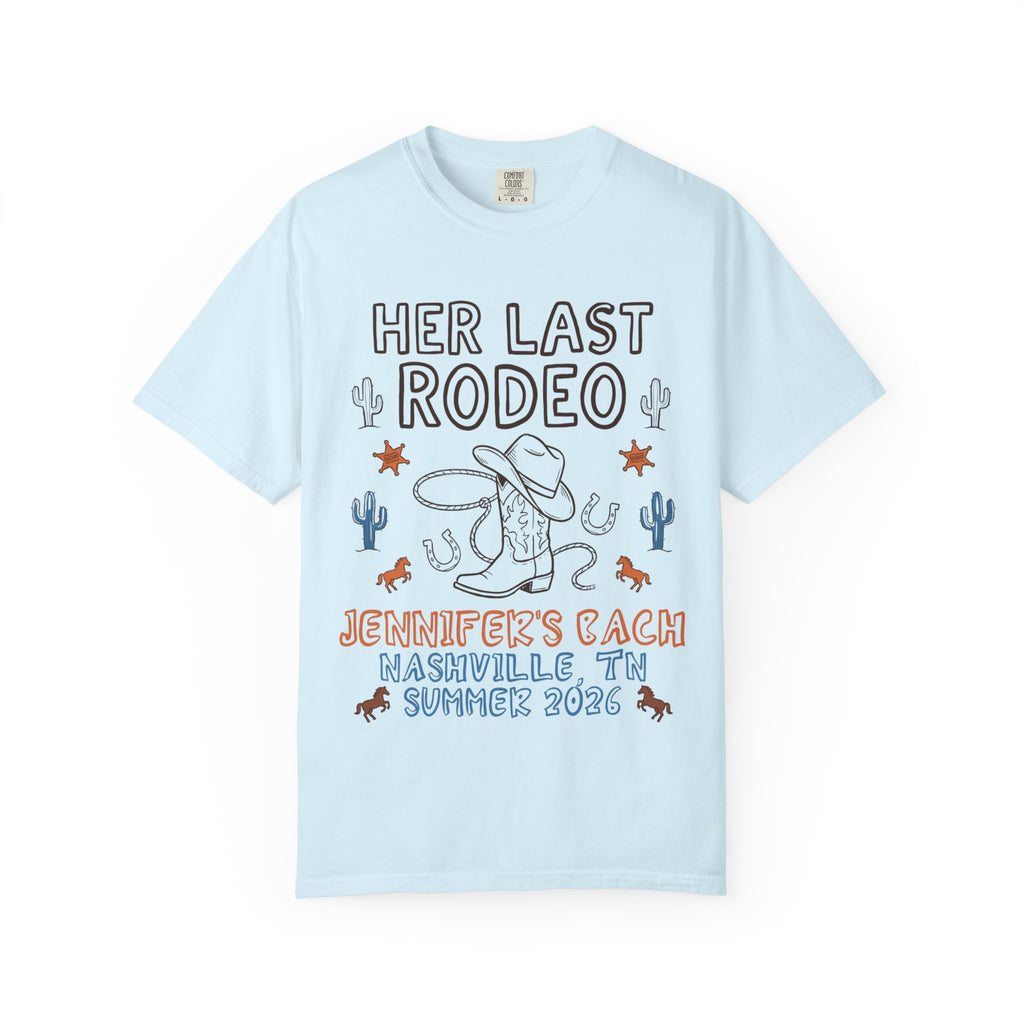 Light blue t-shirt with "Her Last Rodeo" and bachelorette details.