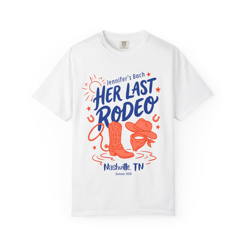 "Jennifer's Last Rodeo" t-shirt with cowboy boots, hat, and lasso, Nashville, TN.