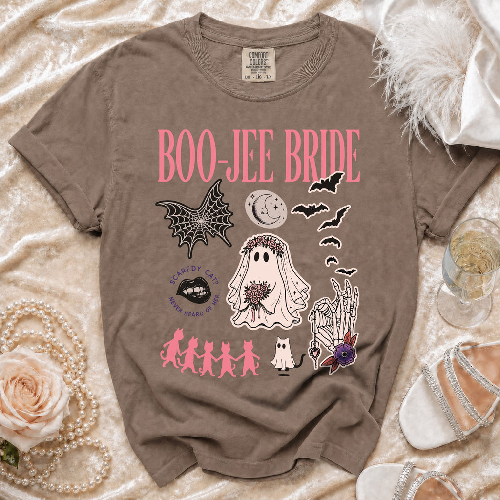Brown t-shirt with "Boo-Jee Bride" text and Halloween-themed graphics.