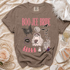 Brown t-shirt with "Boo-Jee Bride" text and Halloween-themed graphics.
