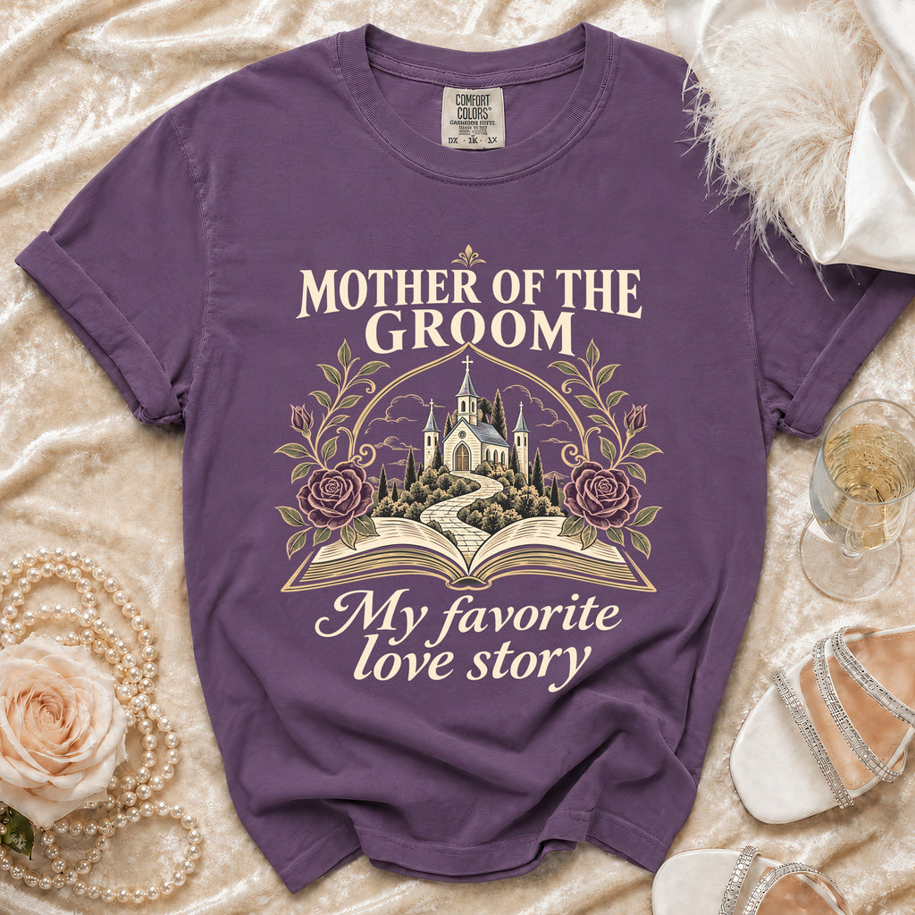 Purple t-shirt with "Mother of the Groom" and "My favorite love story" text.