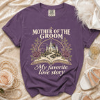 Purple t-shirt with "Mother of the Groom" and "My favorite love story" text.