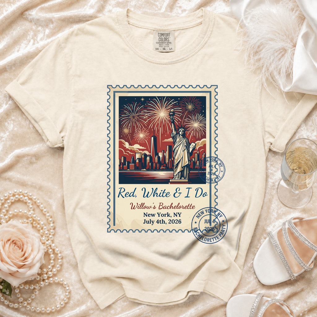 Cream t-shirt with "Red, White & I Do Willow's Bachelorette" graphic.