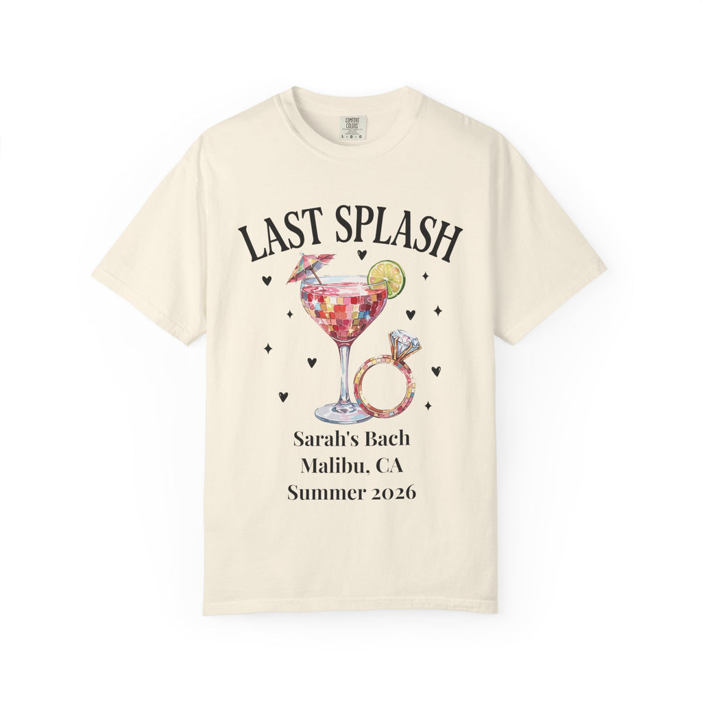 Cream t-shirt with "Last Splash Sarah's Bach Summer 2026" and cocktail/ring graphic.