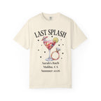 Cream t-shirt with "Last Splash Sarah's Bach Summer 2026" and cocktail/ring graphic.