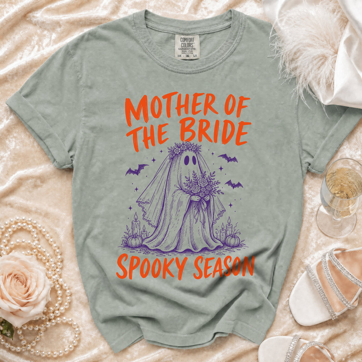 "Mother of the Bride" and "Spooky Season" text with a ghost bride graphic on a grey t-shirt.