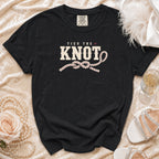 Black t-shirt with "Tied the Knot" text and rope knot graphic.