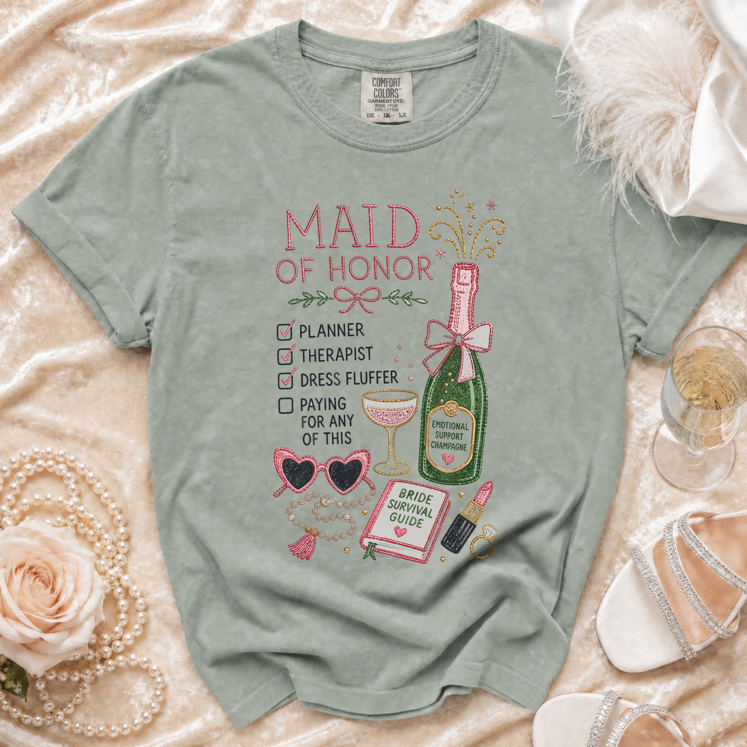 Maid of Honor t-shirt with checklist, champagne bottle, and bride survival guide.
