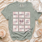 T-shirt with "Happy Haunted Ever After, I Do, Boo Crew, 'Til Death & Beyond" grid design.