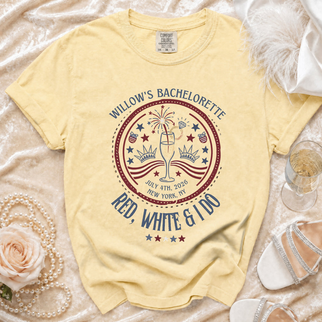 Willow's Bachelorette Red White & I Do t-shirt with patriotic design.