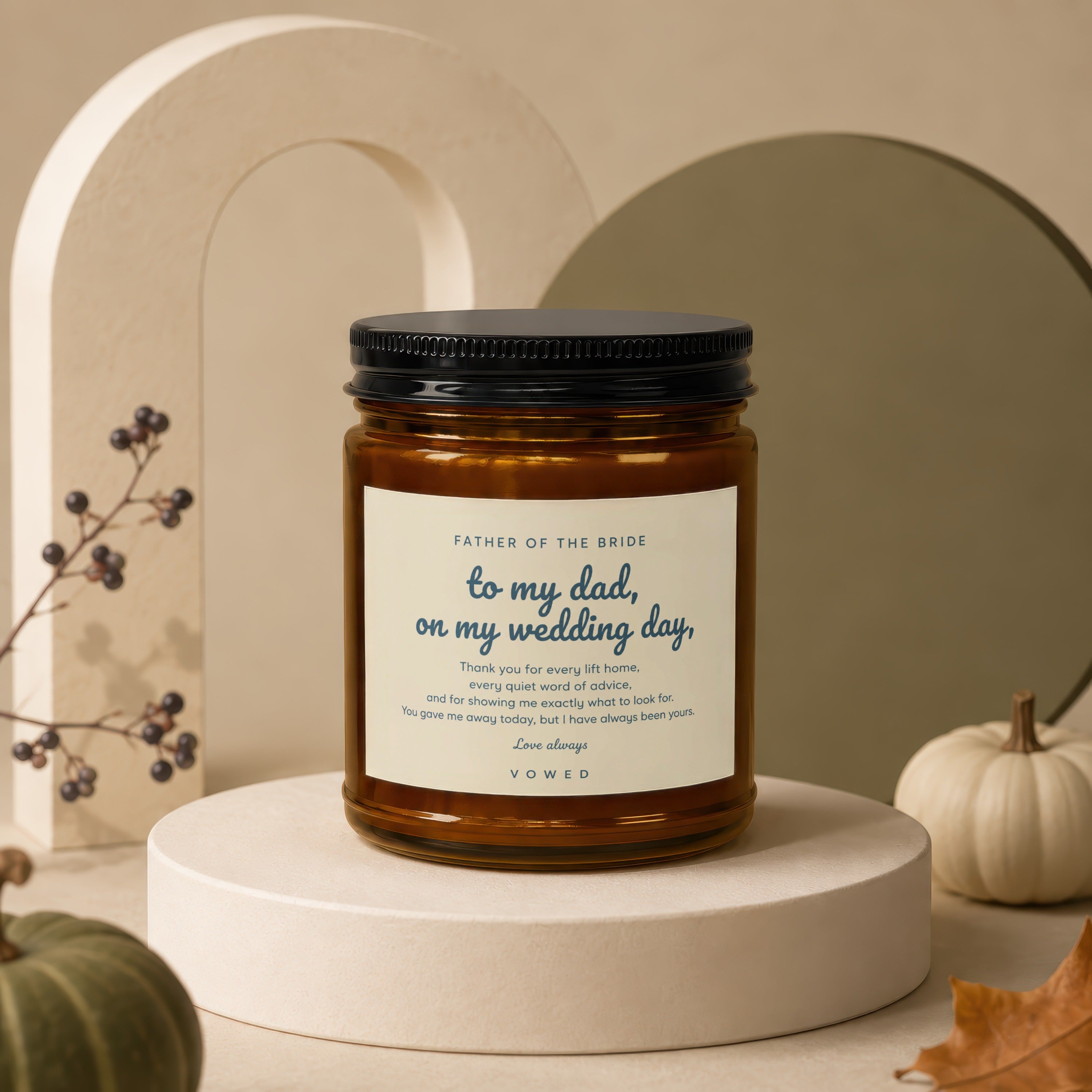 Candle with text "to my dad, on my wedding day" for Father of the Bride.