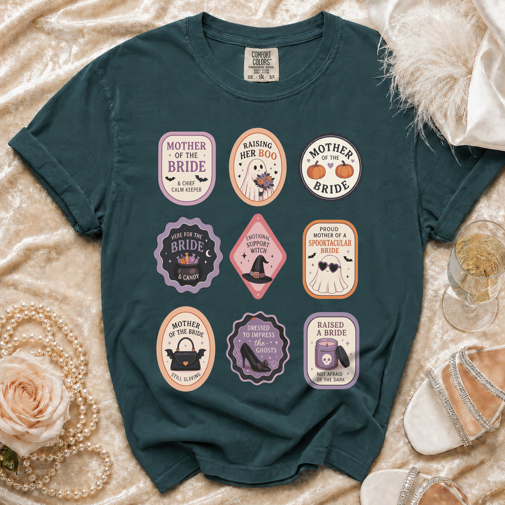 Teal t-shirt featuring nine oval graphics with spooky and bridal themes.