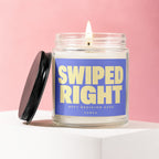 Glass candle with flickering flame and "SWIPED RIGHT BEST DECISION EVER" text.