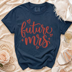 Navy t-shirt with "future mrs" in red script, with surrounding hearts and stars.
