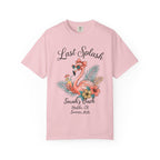 Pink t-shirt with "Last Splash Sarah's Bach Malibu, CA Summer 2026" and flamingo graphic.