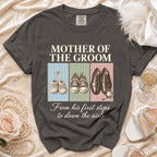 Mother of the Groom t-shirt with baby booties, sneakers, and dress shoes from first steps to aisle.