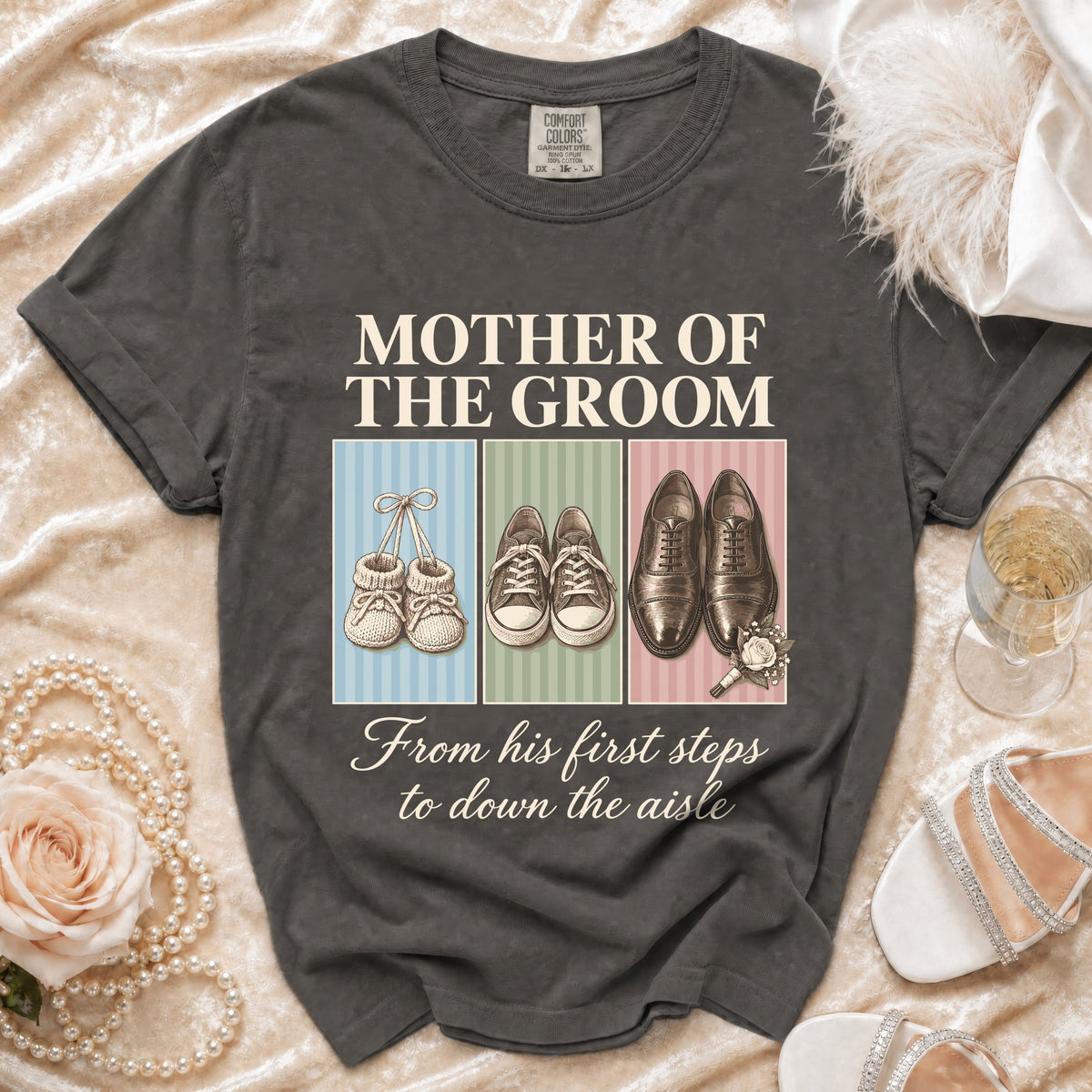 Mother of the Groom t-shirt with baby booties, sneakers, and dress shoes from first steps to aisle.