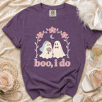 Purple t-shirt with cartoon ghosts "boo, i do" wedding graphic.