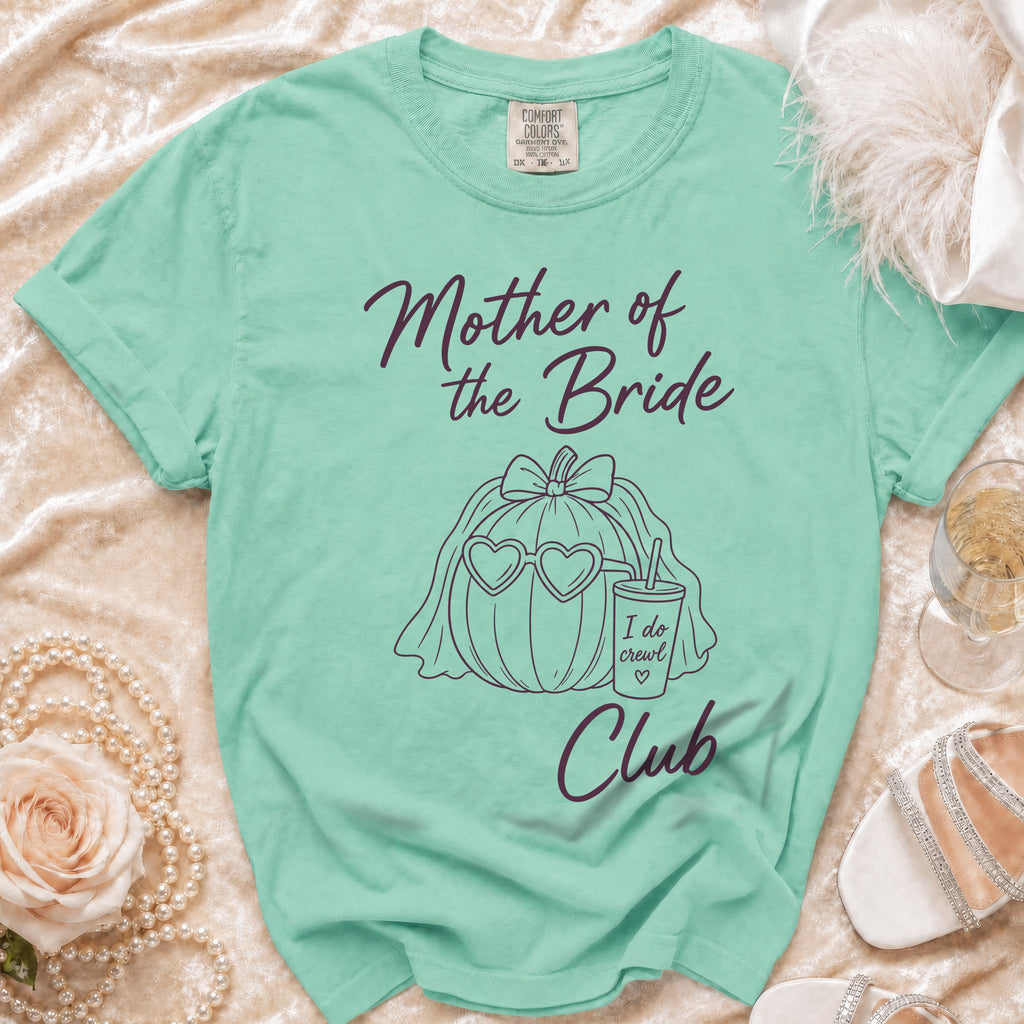 Aqua t-shirt with "Mother of the Bride Crew" text and a pumpkin graphic.