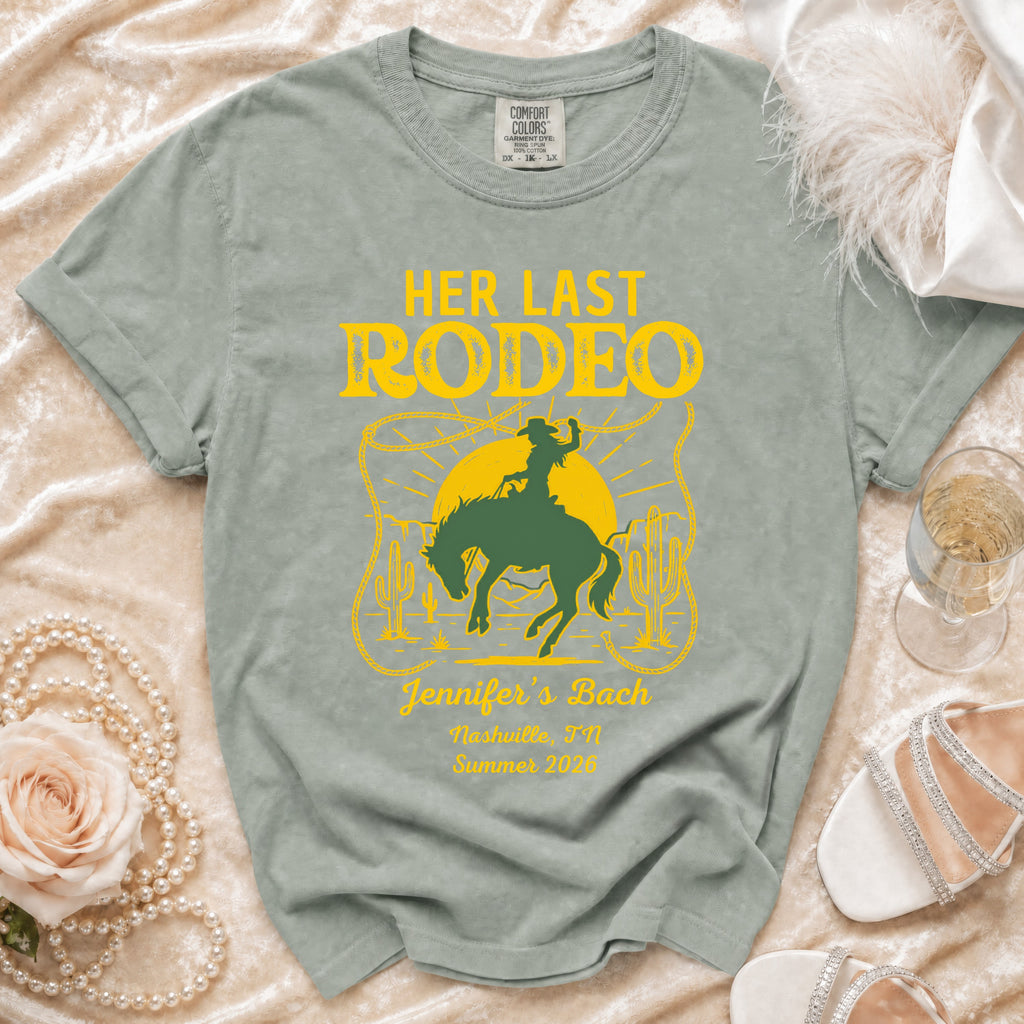 Her Last Rodeo t-shirt with bachelorette text and a cowboy on horseback.