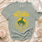 Her Last Rodeo t-shirt with bachelorette text and a cowboy on horseback.
