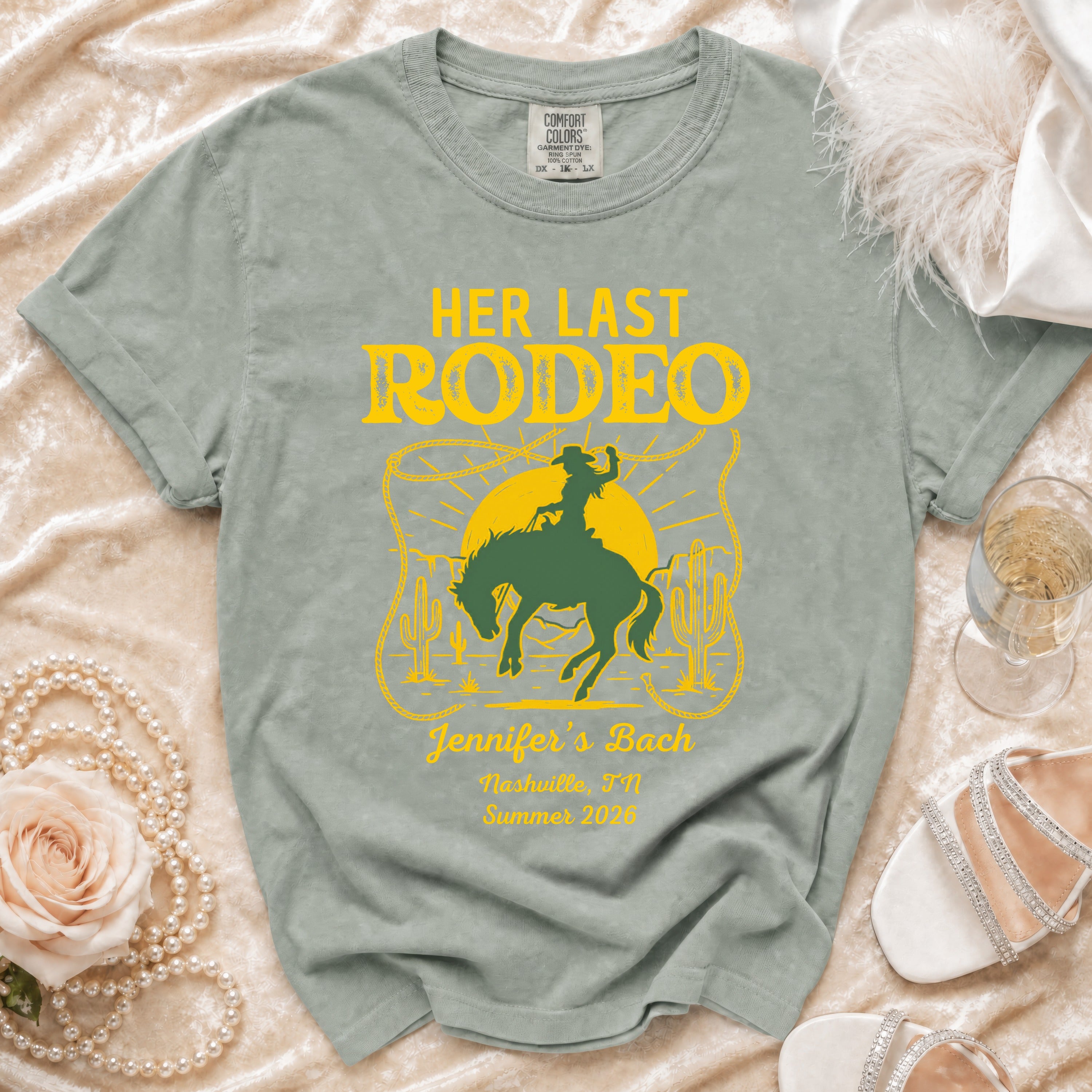 Her Last Rodeo t-shirt with bachelorette text and a cowboy on horseback.