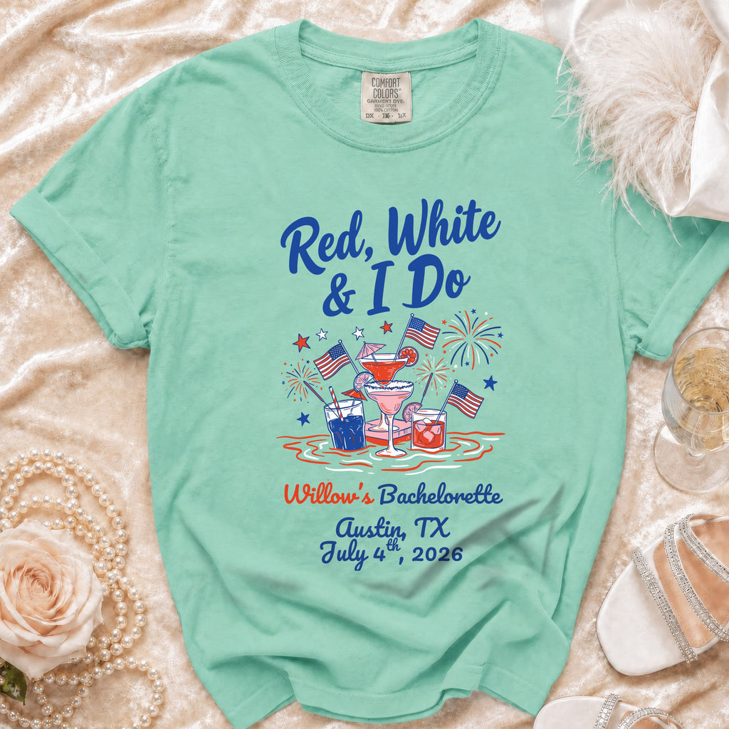 Red, White & I Do bachelorette t-shirt with fireworks and cocktails.