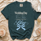 Dark teal Comfort Colors t-shirt with "Wedding Day Bridal Checklist" and "Something Blue" graphic.