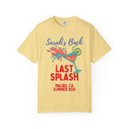 Yellow t-shirt with "Sarah's Bach Last Splash Malibu, CA Summer 2026" and cocktail graphic.