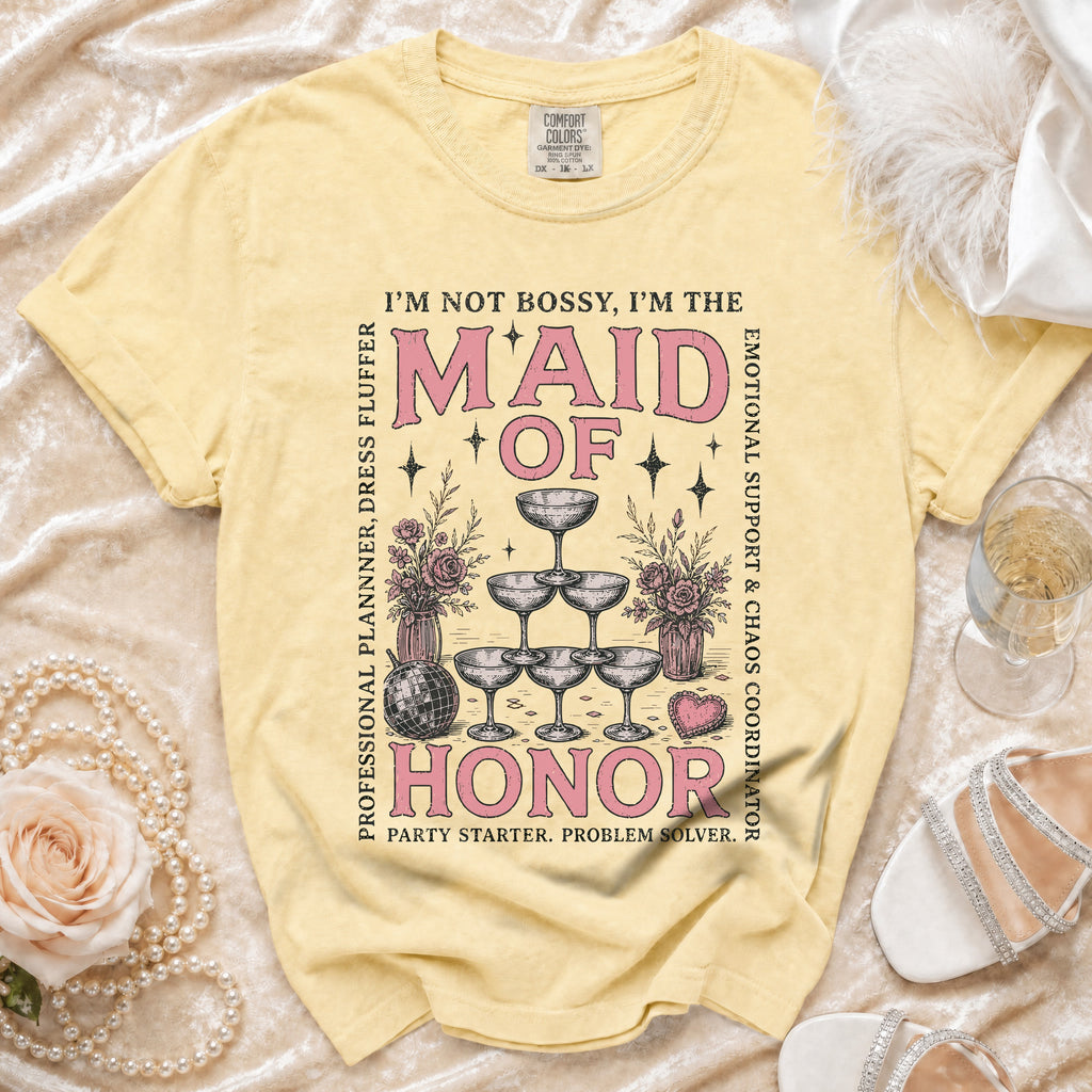 Yellow t-shirt: "I'm Not Bossy, I'm The Maid of Honor" with graphics.