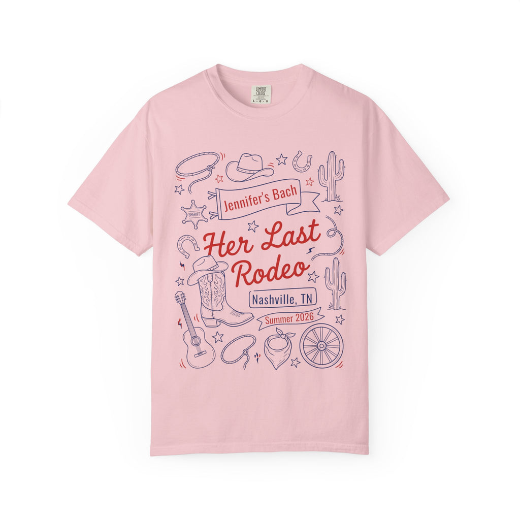 Pink t-shirt with "Jennifer's Bach Her Last Rodeo Nashville, TN Summer 2026" and rodeo graphics.