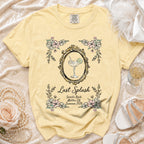 Yellow t-shirt with "Last Splash Sarah's Bach Malibu, CA Summer 2026" text and floral frame.