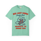 Teal t-shirt with "Her Last Rodeo" and "Jennifer's Back" with cowboy boots.