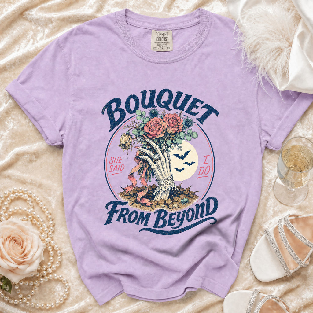 Violet t-shirt with "Bouquet She Said I Do From Beyond" graphic.