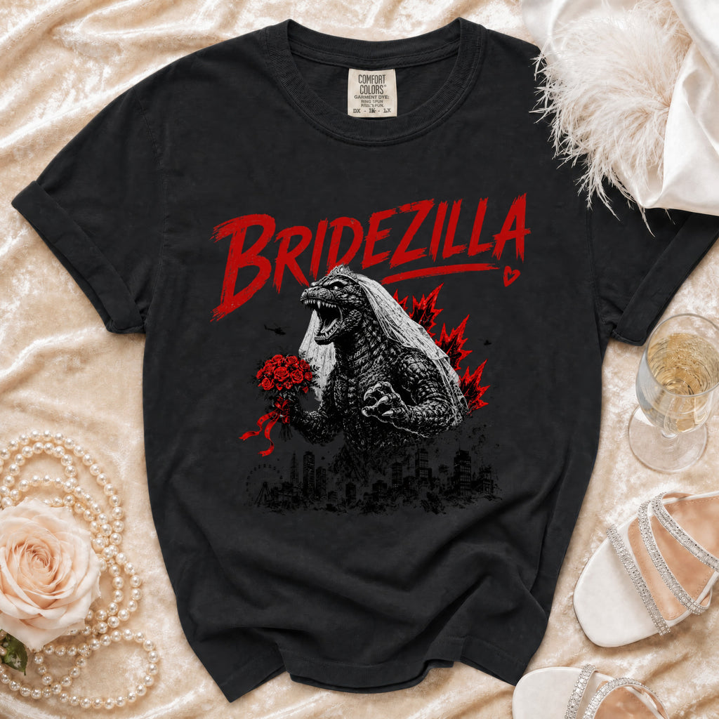 Black t-shirt with "Bridezilla" text and Godzilla wearing a bridal veil and holding flowers.