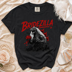 Black t-shirt with "Bridezilla" text and Godzilla wearing a bridal veil and holding flowers.
