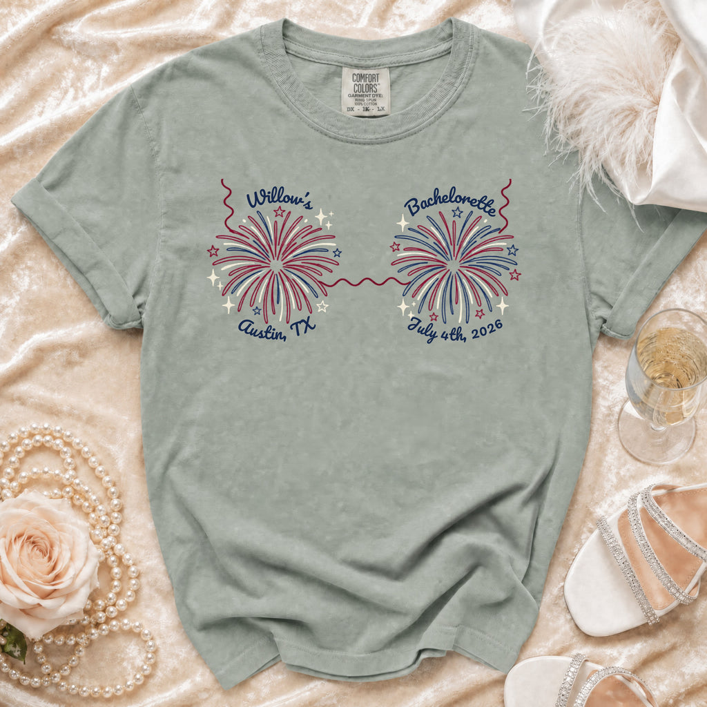 T-shirt with "Willow's Bachelorette Austin TX July 4th, 2026" text.