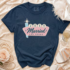 Navy t-shirt with "JUST Married LAS VEGAS" graphic in retro style.