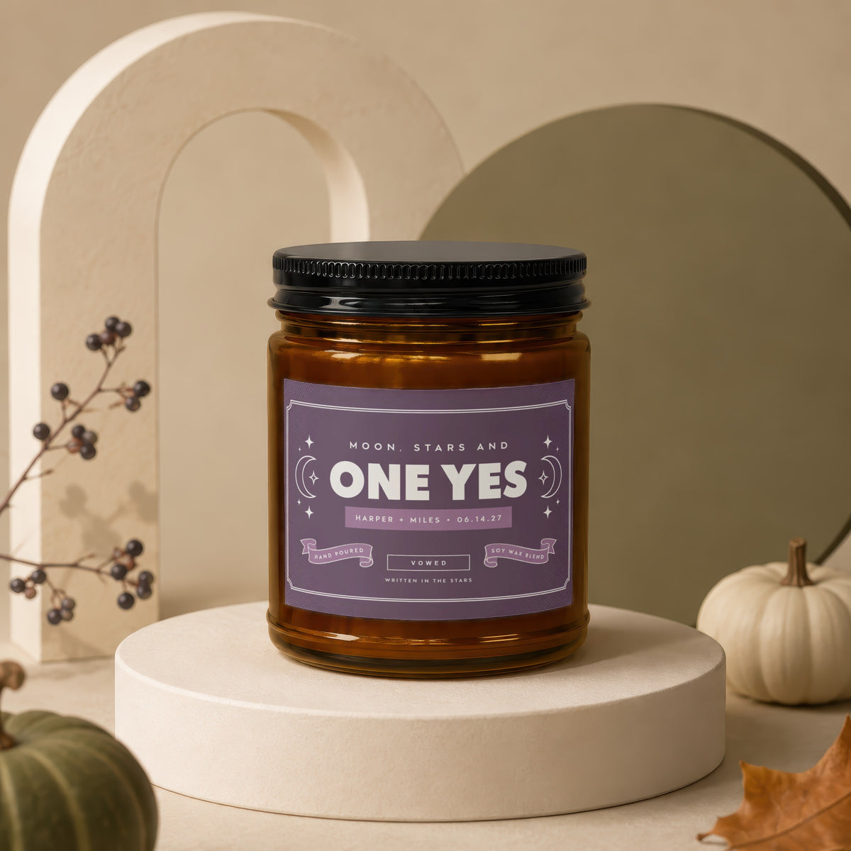 Amber jar candle labeled "One Yes" with "Harper + Miles" and "06.14.27".