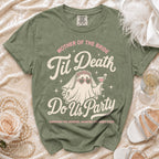 Green t-shirt with ghost graphic and text "Mother of the Bride Til Death Do Us Party".