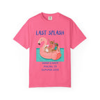 Pink t-shirt with "Last Splash Sarah's Bach Malibu Summer 2026" and flamingo float graphic.