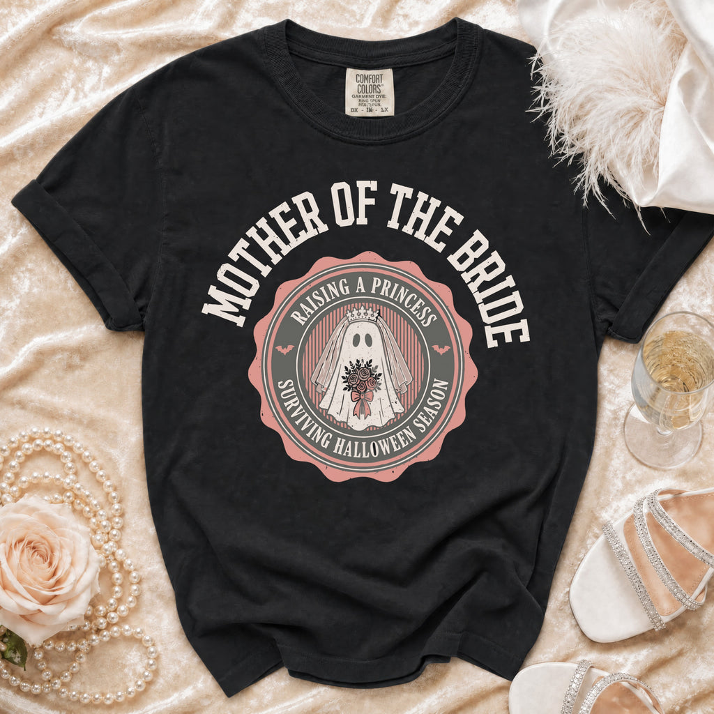 Black t-shirt with "Mother of the Bride" and ghost graphic.