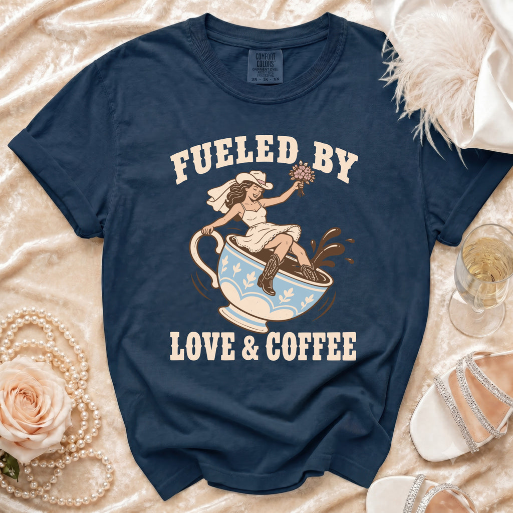 Navy t-shirt with graphic "Fueled by Love & Coffee" and bride in coffee cup.