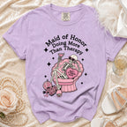 Lilac Comfort Colors t-shirt with skeleton graphic: "Maid of Honor Doing More Than Therapy."