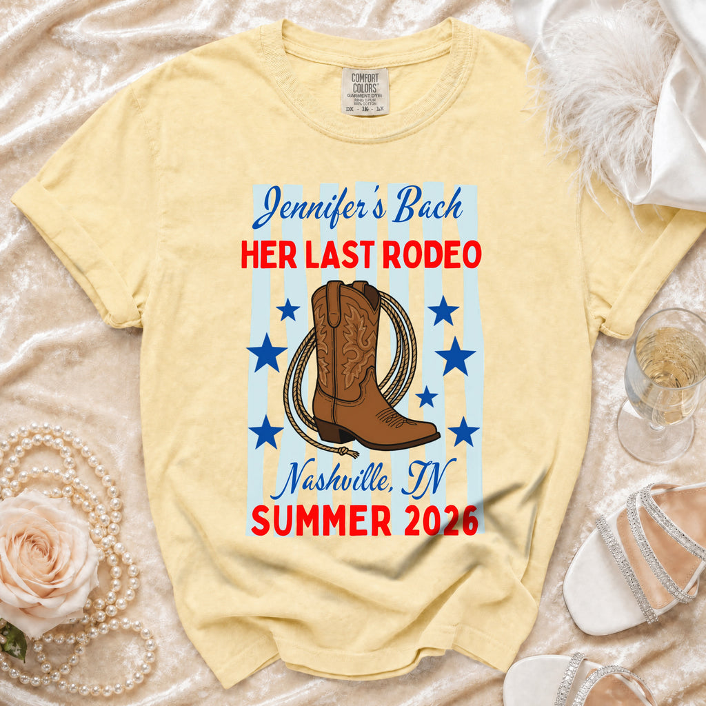 Yellow t-shirt with cowboy boot, rope, and stars for "Jennifer's Bach HER LAST RODEO" in Nashville.