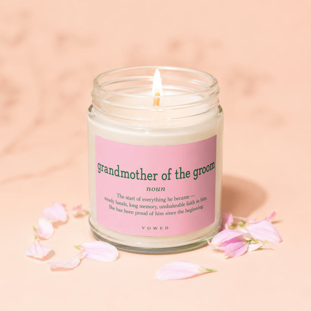Candle labeled "grandmother of the groom" with a descriptive quote.