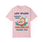 Pink t-shirt with "Last Splash Sarah's Bach Malibu Summer 2026" and ring float.
