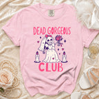 Pink t-shirt with "Dead Gorgeous Club" text and a skeleton bride graphic.
